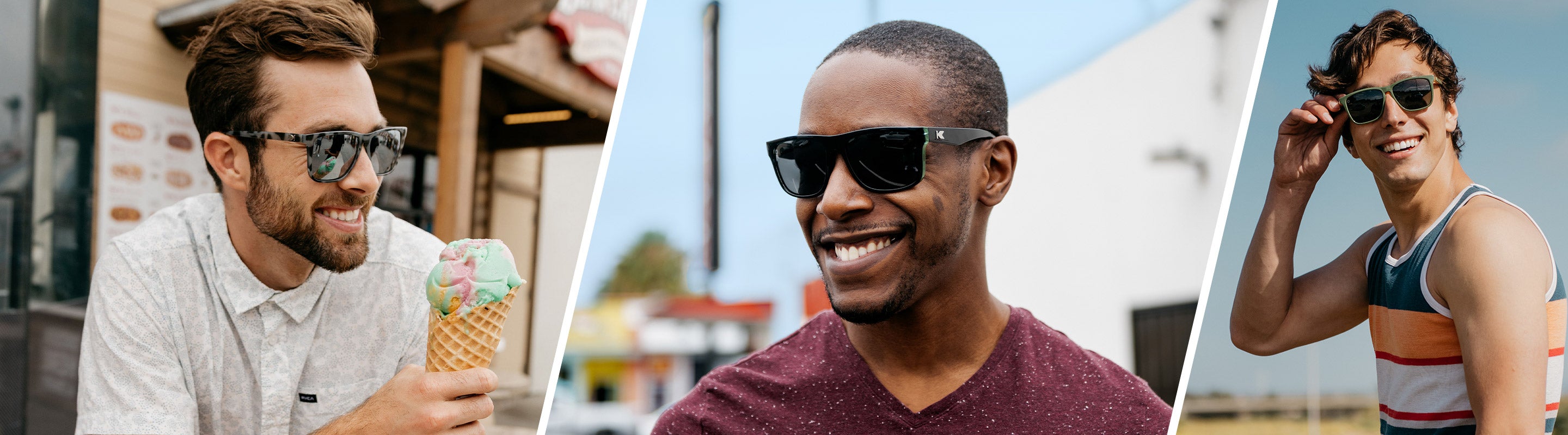 Men's Sunglasses: Three men wearing Knockaround sunglasses