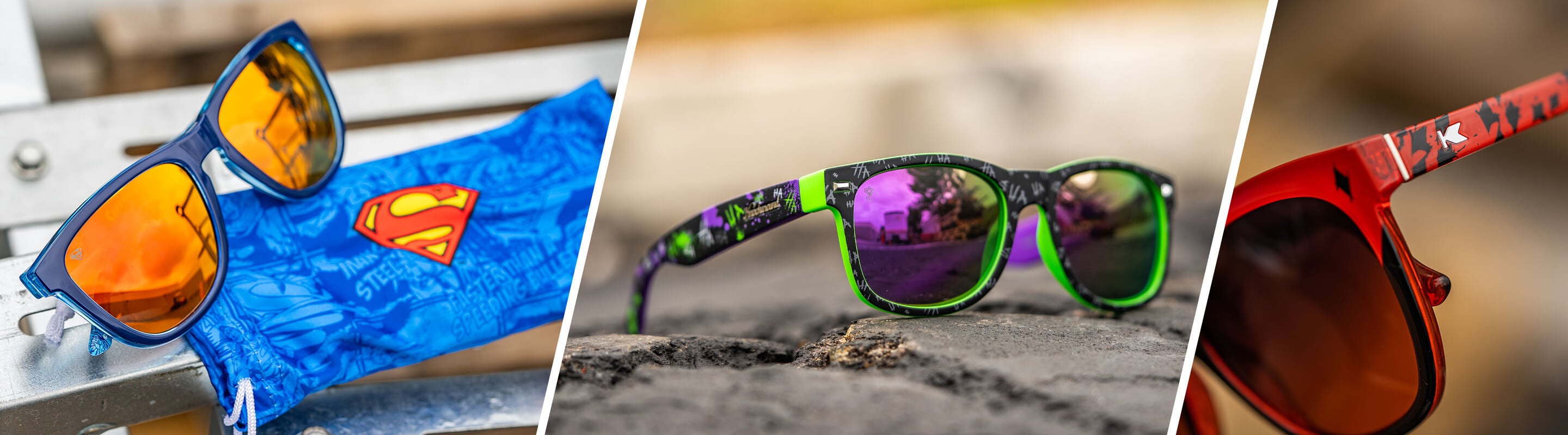 Three pairs of sunglasses with different designs and colors displayed side by side.