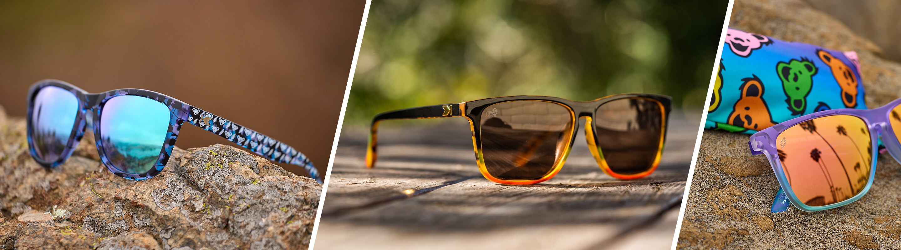 Three pairs of sunglasses on natural backgrounds
