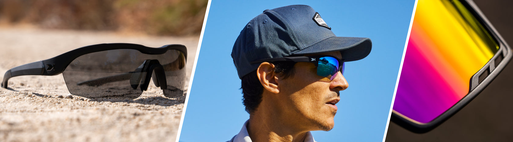 Non Polarized Sunglasses. Lifestyle photo of Black on Black Kinetics and Rainbow on Black Campeones Sunglasses, Men wearing Moonshot Flight Paths Sunglasses