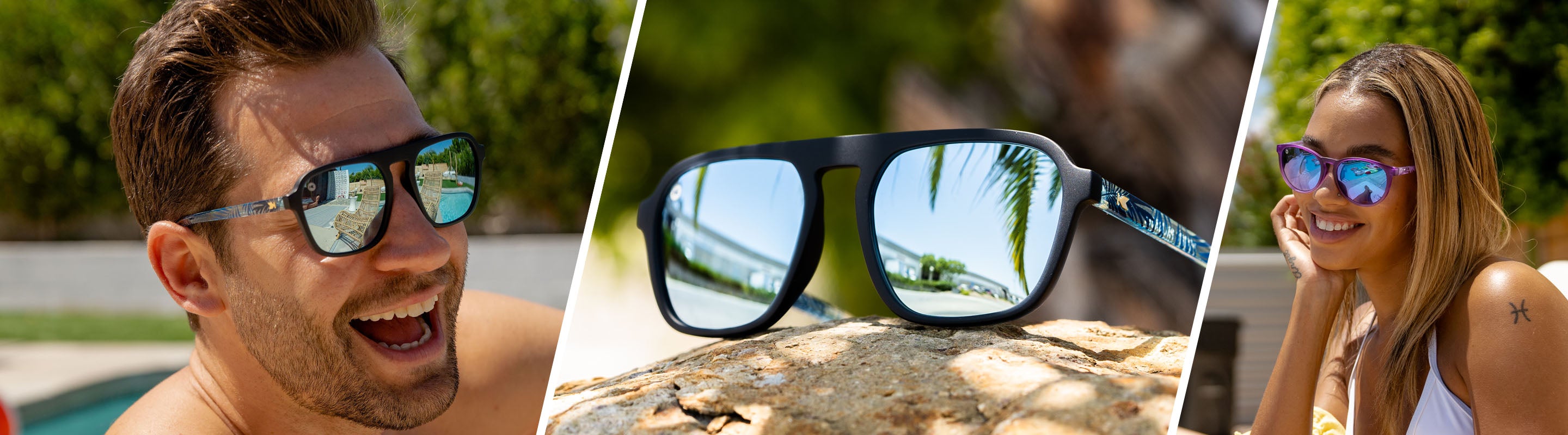 Lifestyle Photo of Knockaround Sunglasses, and Woman wearing Knockaround Hacienda Palms Mai Tais Sunglasses