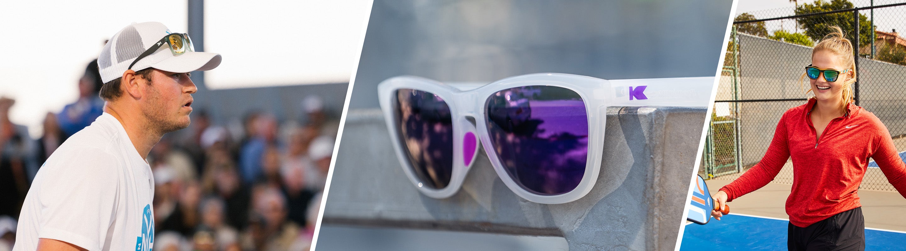 Sunglasses for Pickleball: Lifestyle photo of Clear Jelly / Purple Premiums Sport Sunglasses