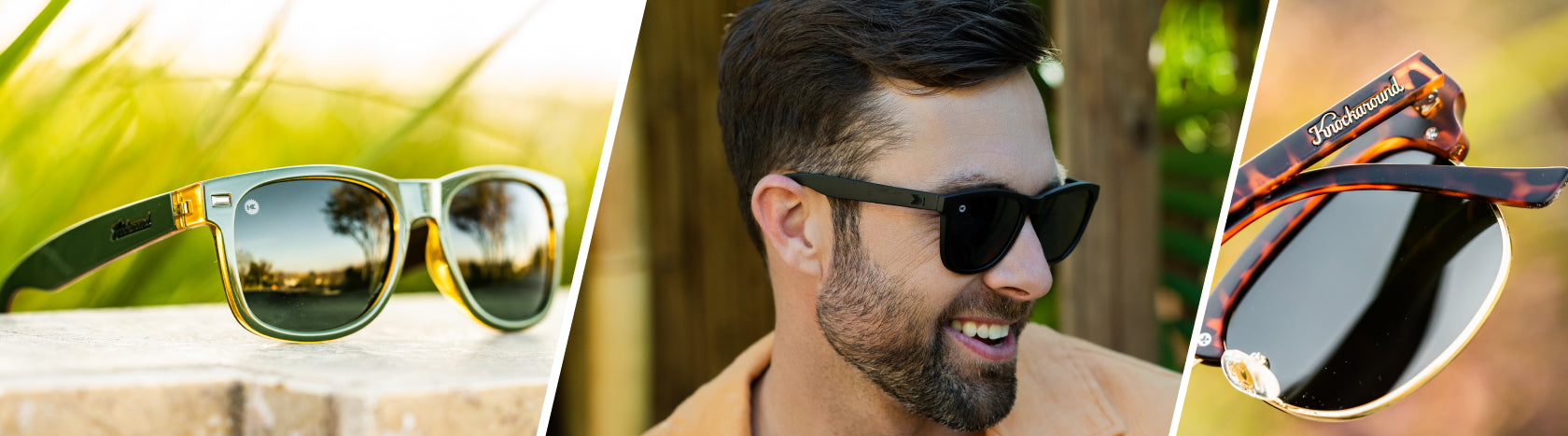 Polarized Sunglasses for Men. Lifestyle photo of Coyote Calls Fort Knocks and Matte Tortoise Shell & Gold Brooklines, Men wearing Black on Black Premiums Sunglasses