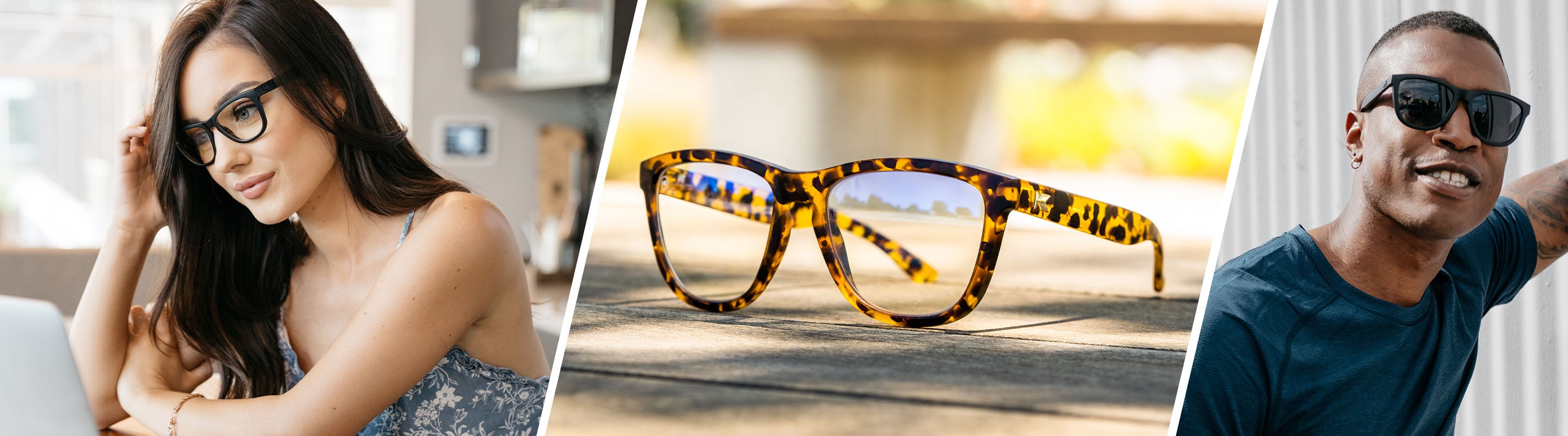 Women wearing Black Premiums Rx Sunglasses, and Man wearing Black on Black Premiums Sunglasses, and Lifestyle Photo of Amber Ink PREMIUMS Rx Sunglasses