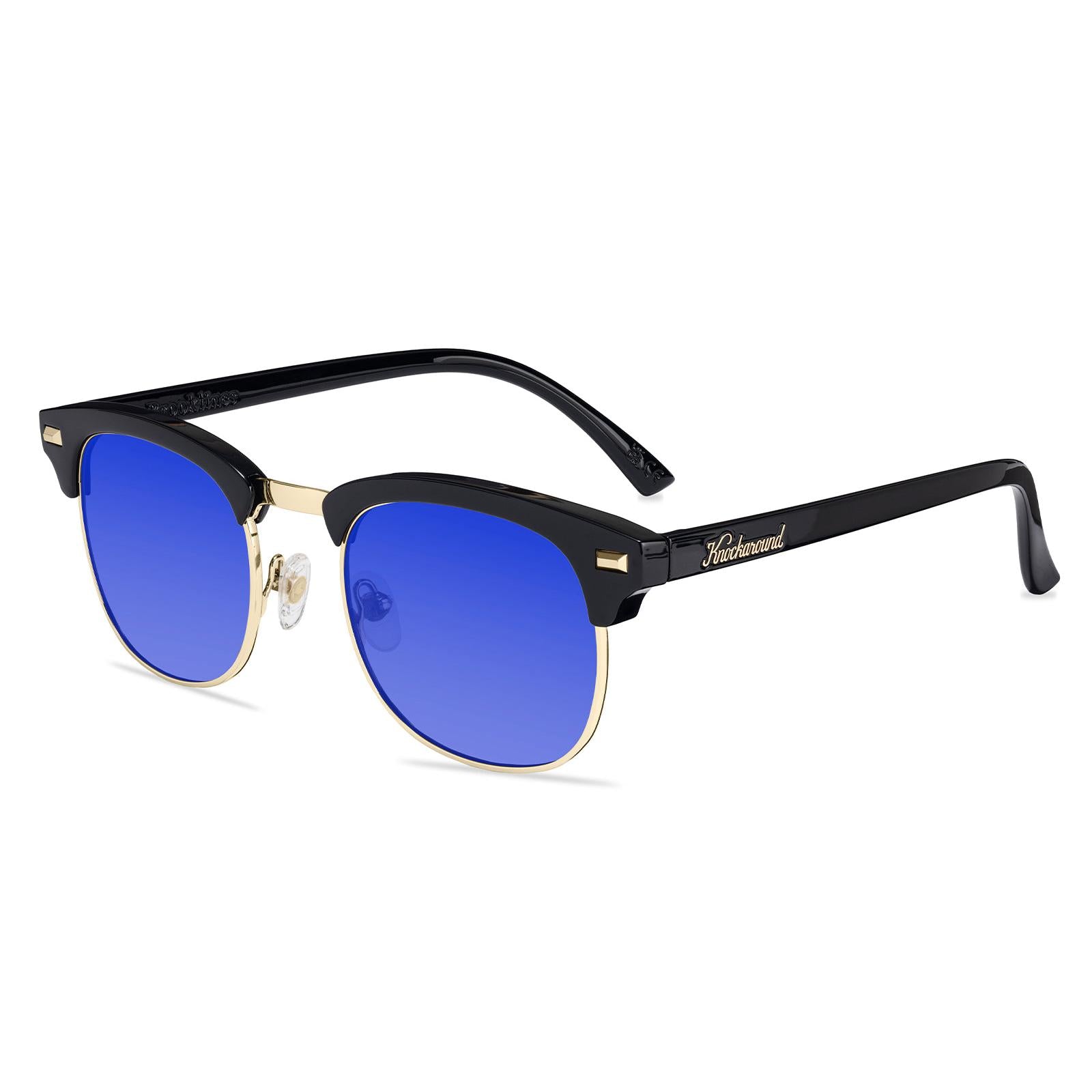 Glossy Black & Gold Brooklines Prescription Glasses  with Blue Lens, Flyover