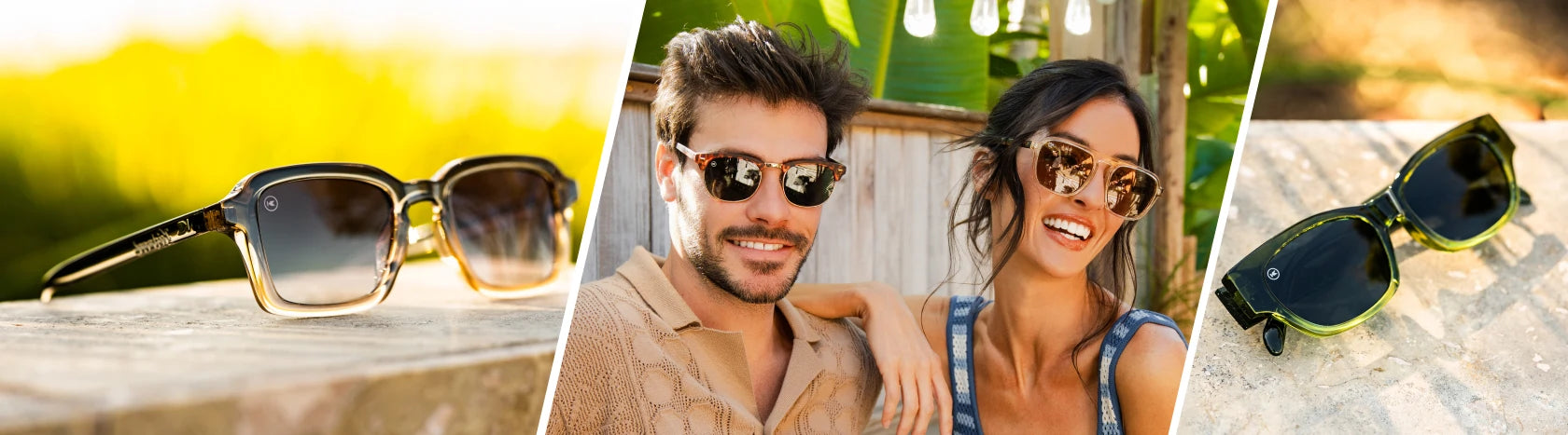 Retro Style Sunglasses. Lifestyle photo of Cortado Panoramas and Nori Junipers Sunglasses, Men wearing Matte Tortoise Shell & Gold Brooklines while Women wearing On the Rocks Pacific Palisades Sunglasses