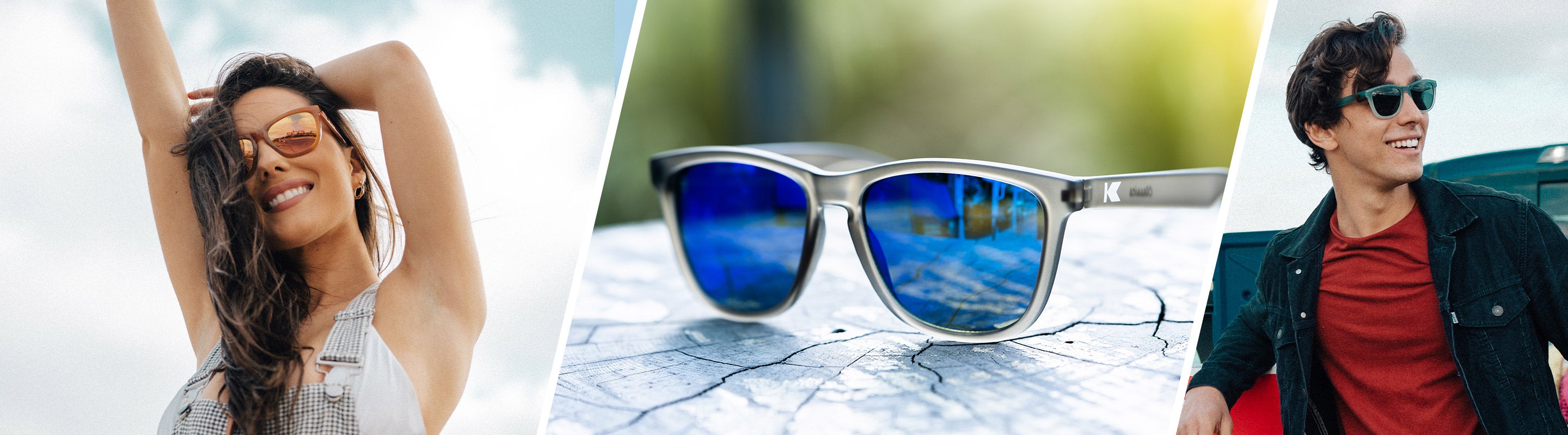 Woman and man wearing Knockaround sunglasses