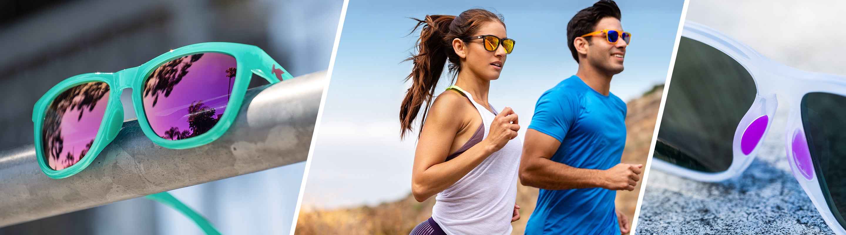 Man and woman running while wearing Knockaround Sport shades