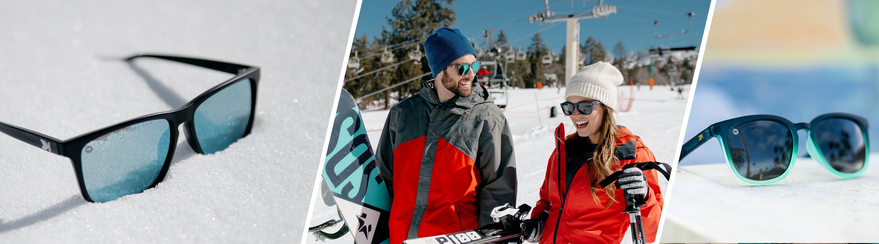 Sunglasses for Snowboarding and Skiing: Lifestyle photo of Harbor Light Fast Lanes Sport and Rising Tide Paso Robles Sunglasses, Men and Women wearing Knockaround Sunglasses