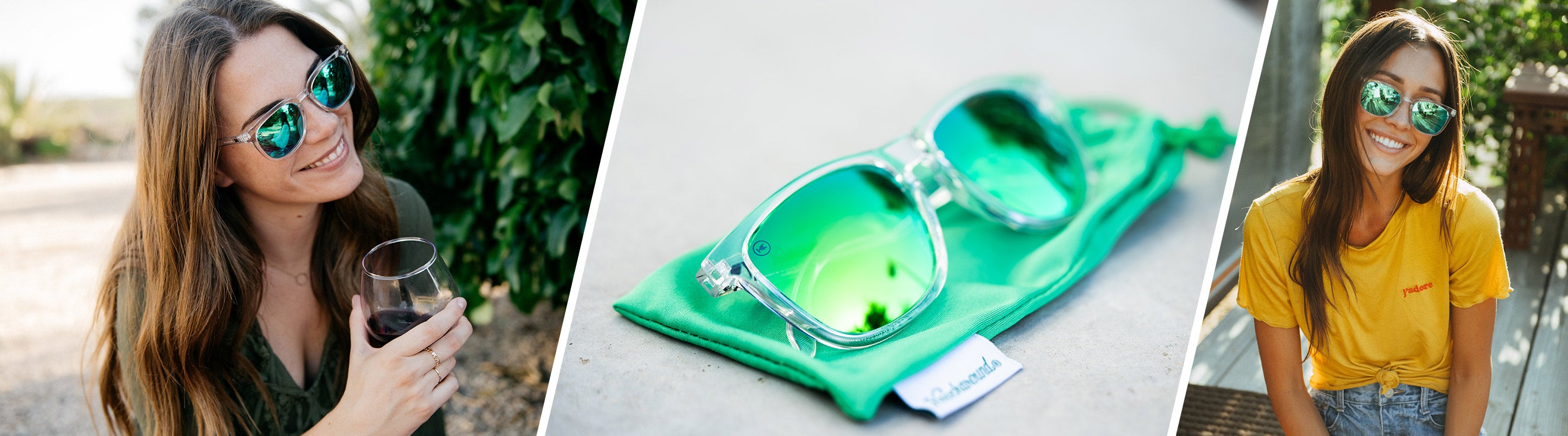 Two women wearing transparent Knockaround sunglasses