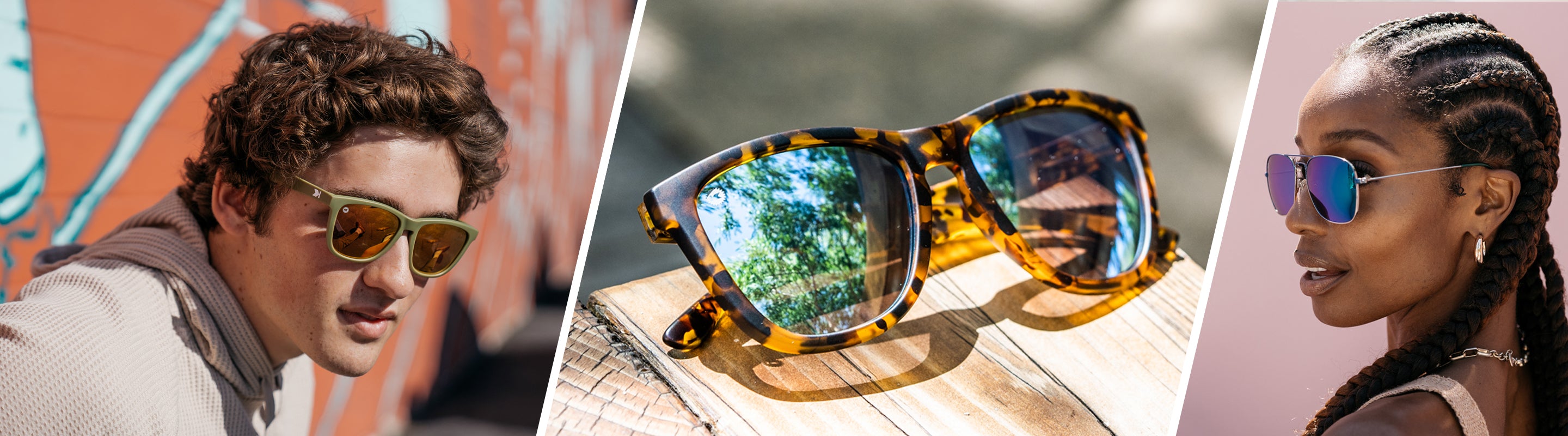 Trendy Sunglasses: Lifestyle photo of Premiums Sunglasses, Men wearing Coyote Calls Classics and Women wearing Mount Evans Sunglasses