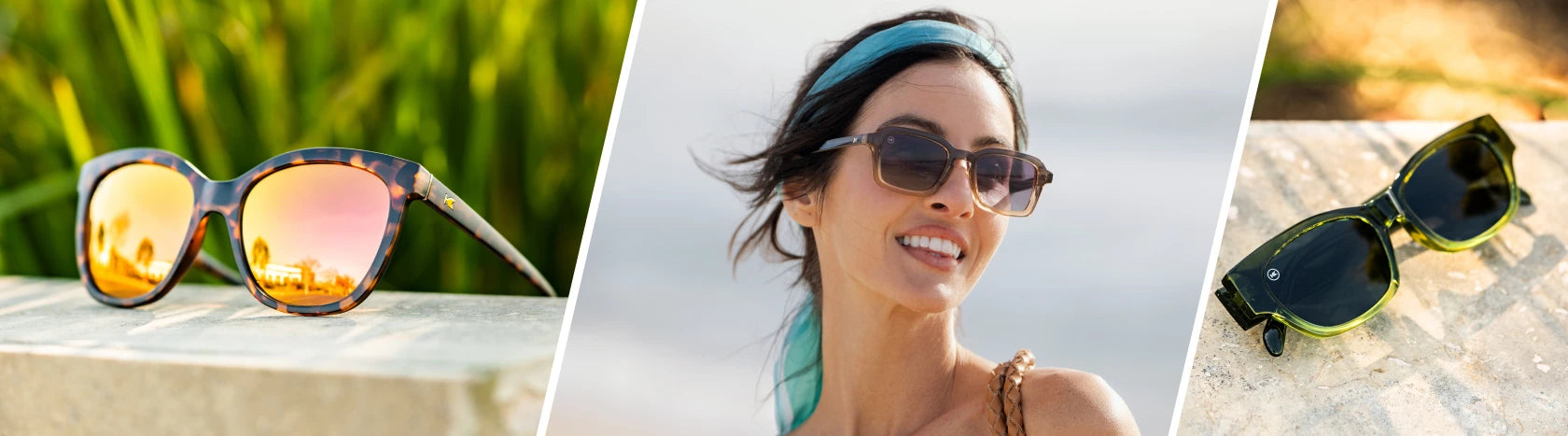 Trendy Sunglasses for Women. Lifestyle photo of Matte Tortoise Shell / Rose Gold Deja Views and Nori Junipers Sunglasses, Women wearing Cortado Panoramas Sunglasses