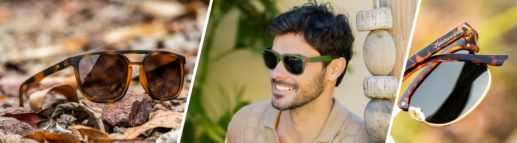 UV 400 sunglasses. Lifestyle photo of Cypress Brightsides and Matte Tortoise Shell & Gold Brooklines Sunglasses, Men wearing Coyote Calls Fort Knocks Sunglasses