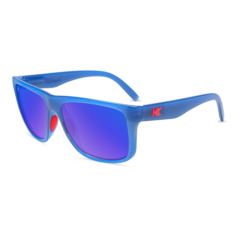 Sunglasses with Glossy Blue Frames and Polarized Moonshine Lenses, Flyover