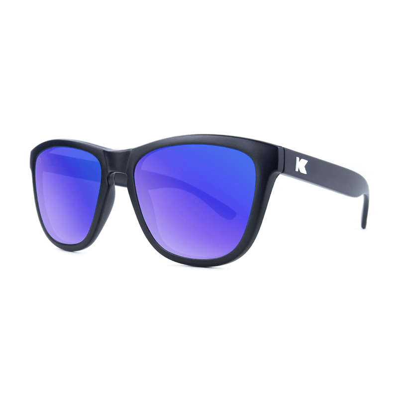 Premiums Sunglasses with Matte Black Frames and Blue Moonshine Mirrored Lenses, Threequarter