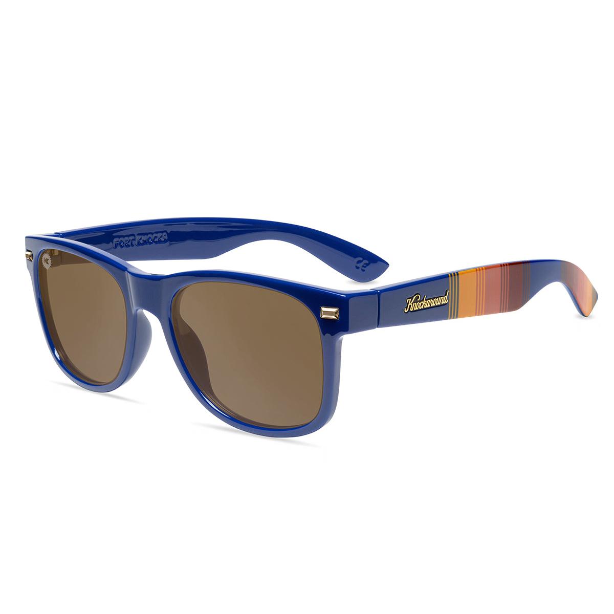 Sunglasses with Glossy Blue Frames and Polarized Amber Lenses, Flyover