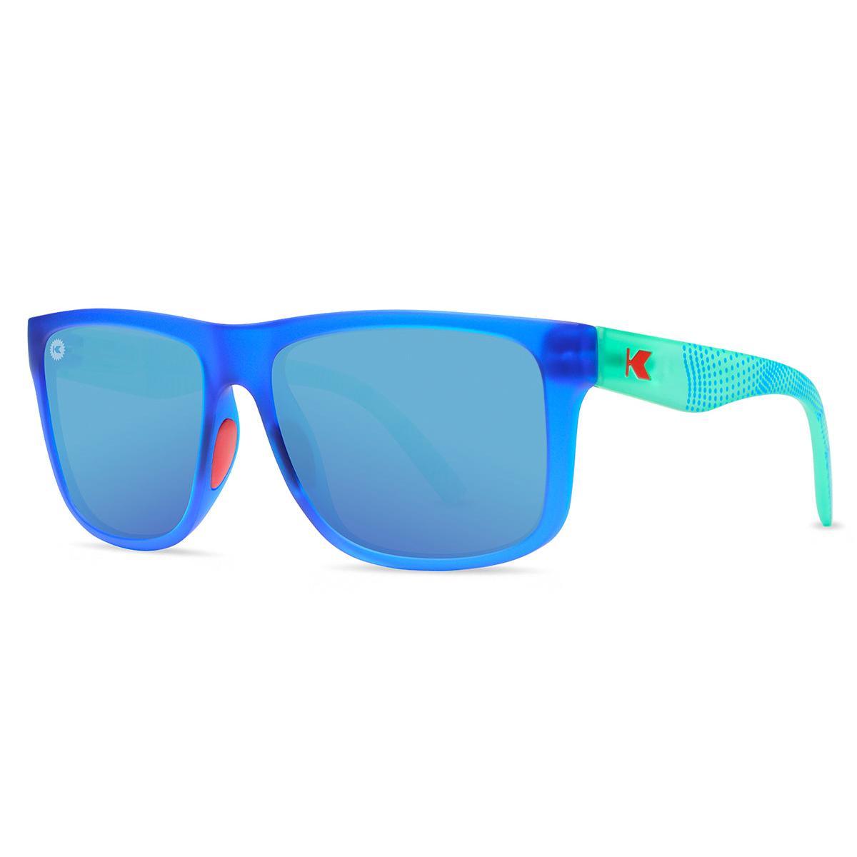 Sport Sunglasses with Blue Fronts and Mine Green Arms and Polarized Aqua Lenses, Threequarter