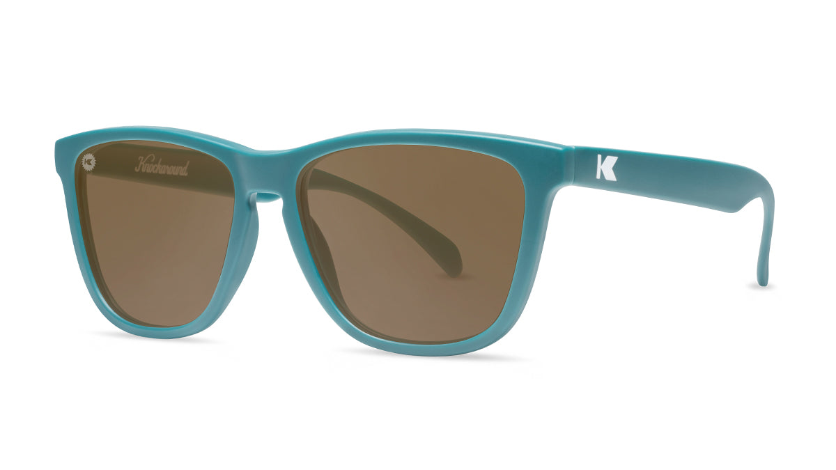 Sunglasses with Turquoise Frames and Polarized Amber Lenses, Threequarter