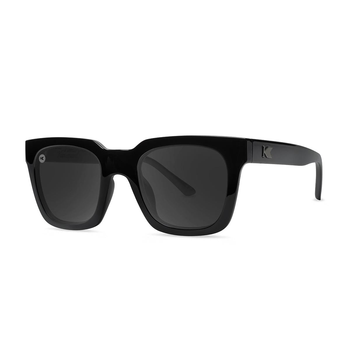 Sunglasses with Piano Black Frames and Polarized Black Smoke Lenses, Threequarter