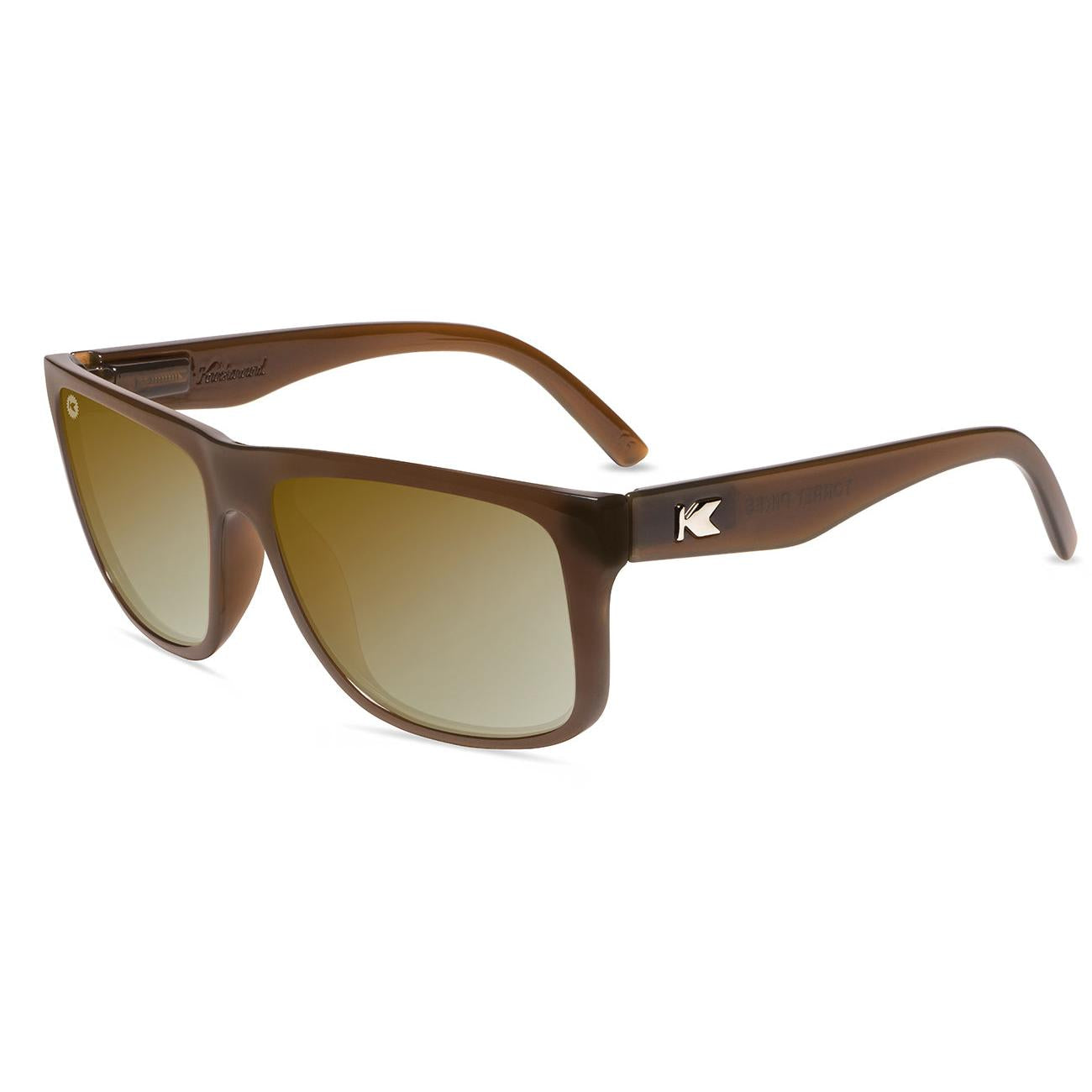 Sunglasses with Glossy Brown Frames and Polarized Gold Lenses, Flyover