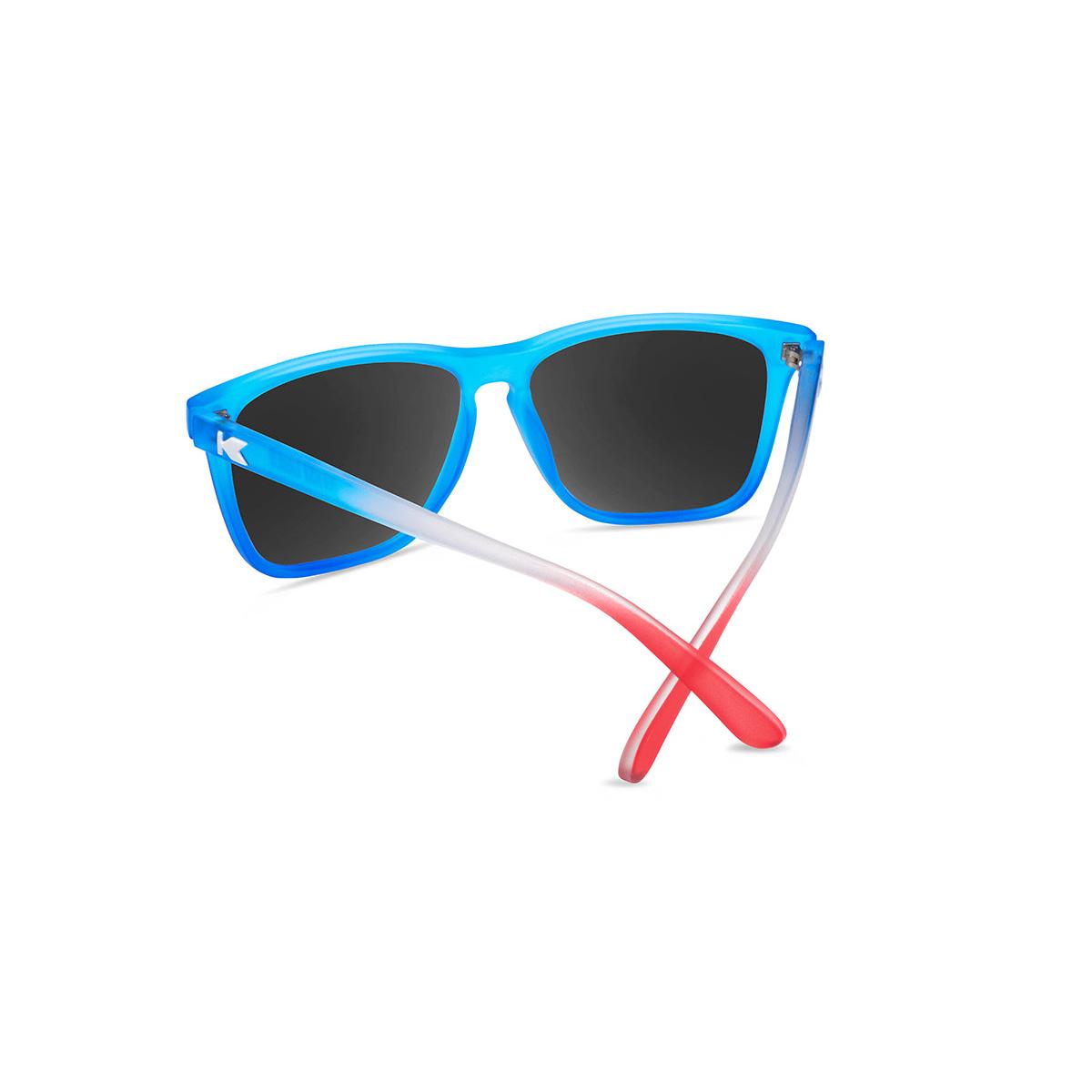 Sunglasses with Blue, White, and Red Frames and Polarized Blue Moonshine Lenses, Back