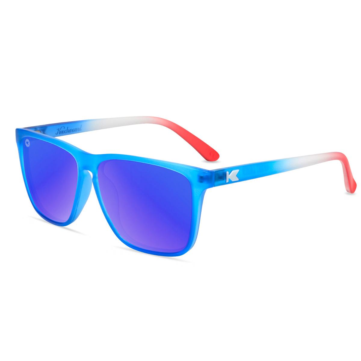 Sunglasses with Blue, White, and Red Frames and Polarized Blue Moonshine Lenses, Flyover