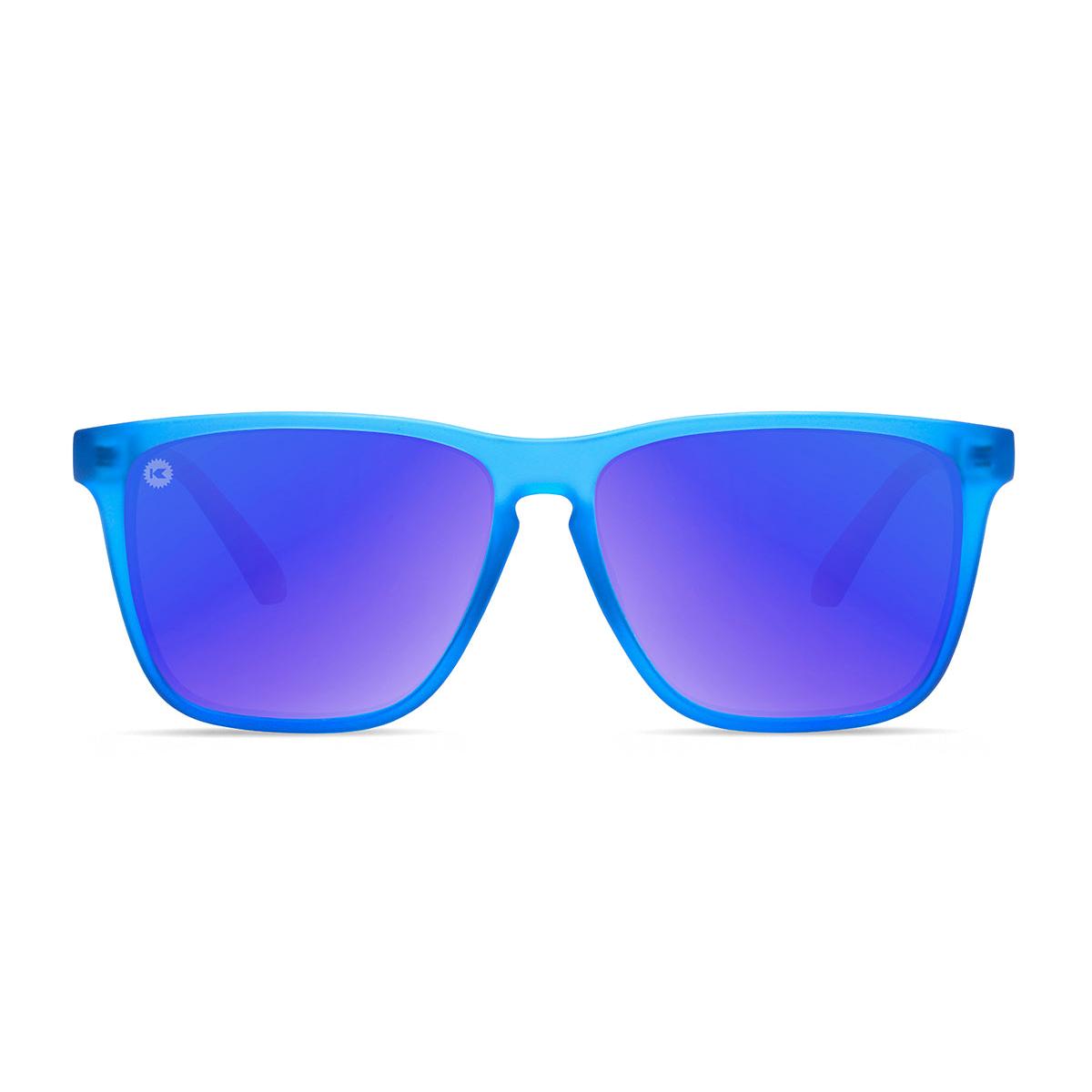 Sunglasses with Blue, White, and Red Frames and Polarized Blue Moonshine Lenses, Front