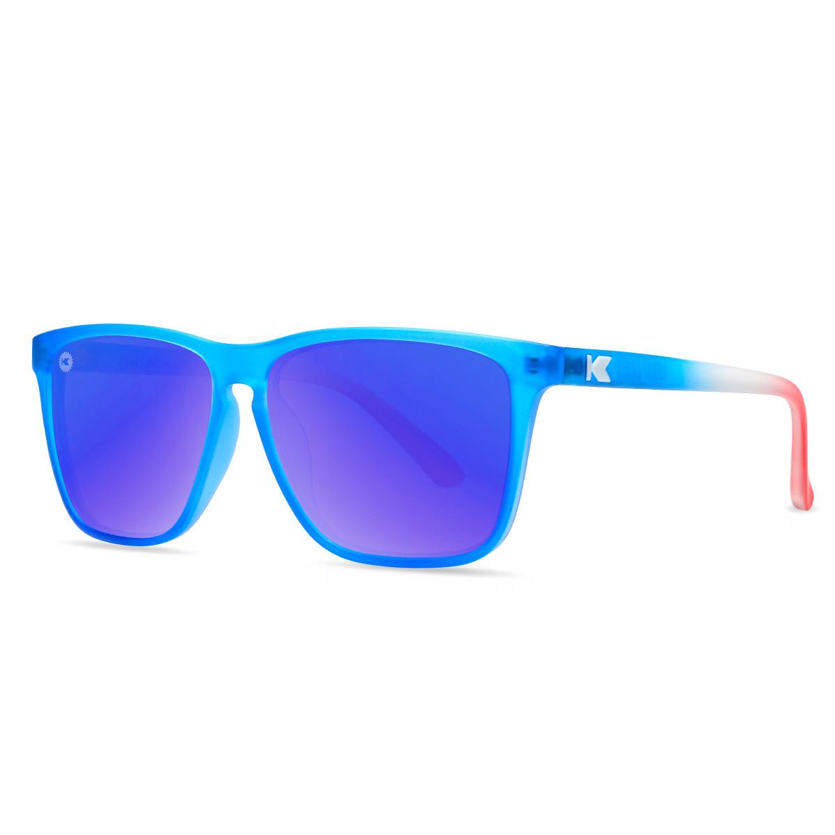 Sunglasses with Blue, White, and Red Frames and Polarized Blue Moonshine Lenses, Threequarter