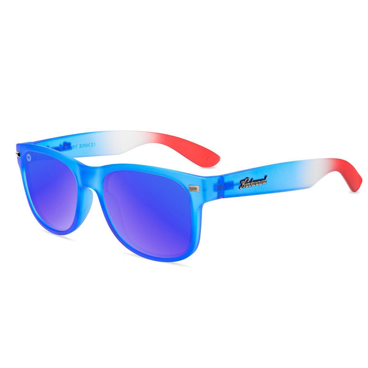 Sunglasses with Blue, White, and Red Frames and Polarized Moonshine Lenses, Flyover