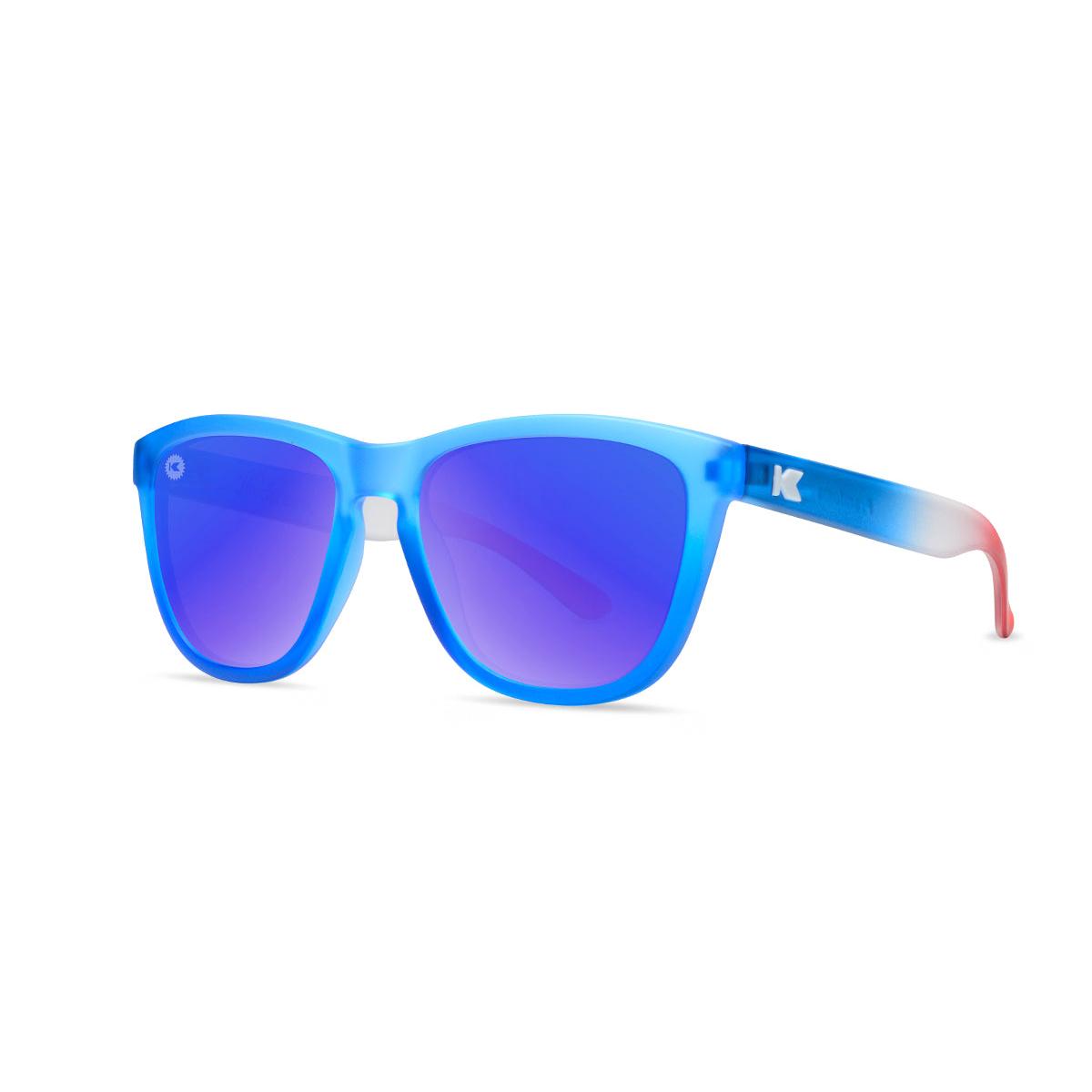 Kids Sunglasses with Blue, White, and Red Frames and Polarized Blue Lenses, Threequarter