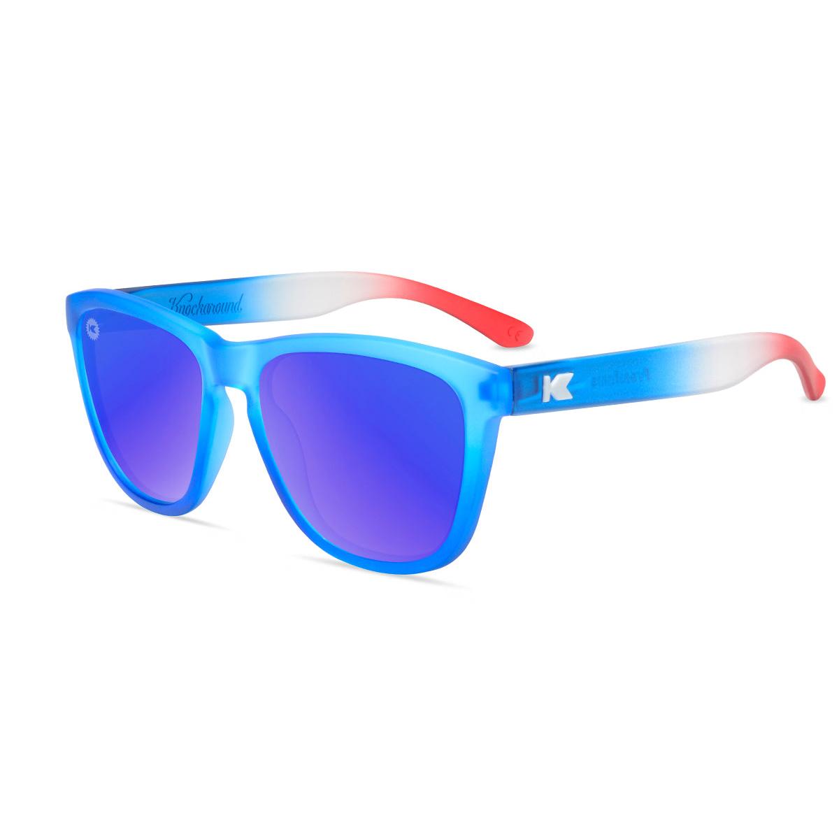 Sunglasses with Blue, Red, and White Frames and Polarized Blue Moonshine Lenses, Flyover