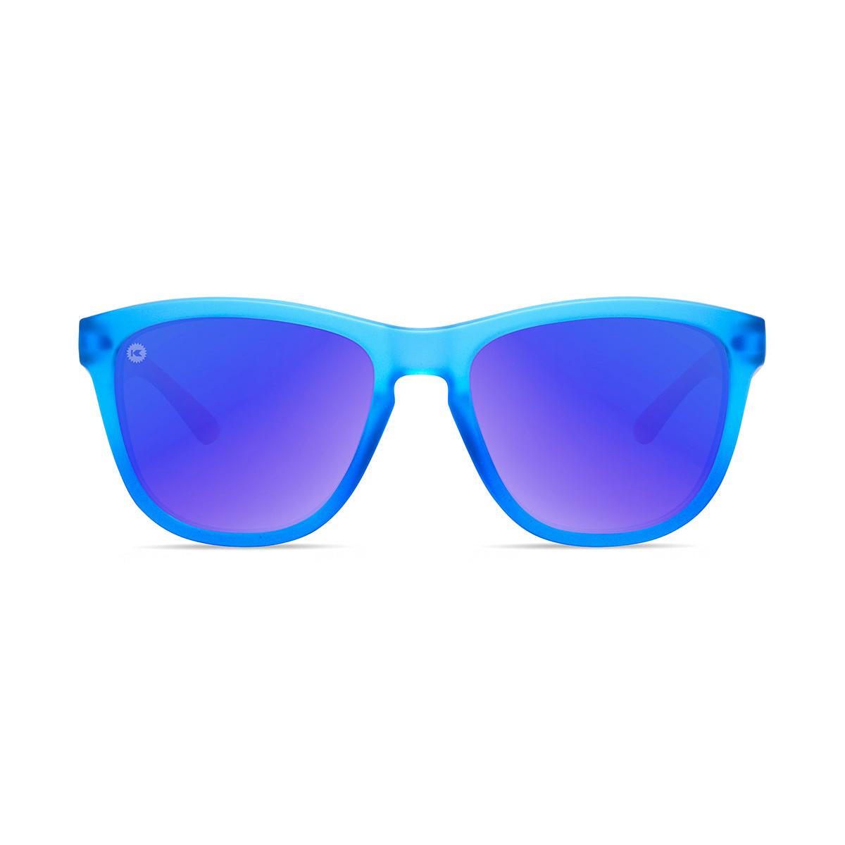 Sunglasses with Blue, Red, and White Frames and Polarized Blue Moonshine Lenses, Front