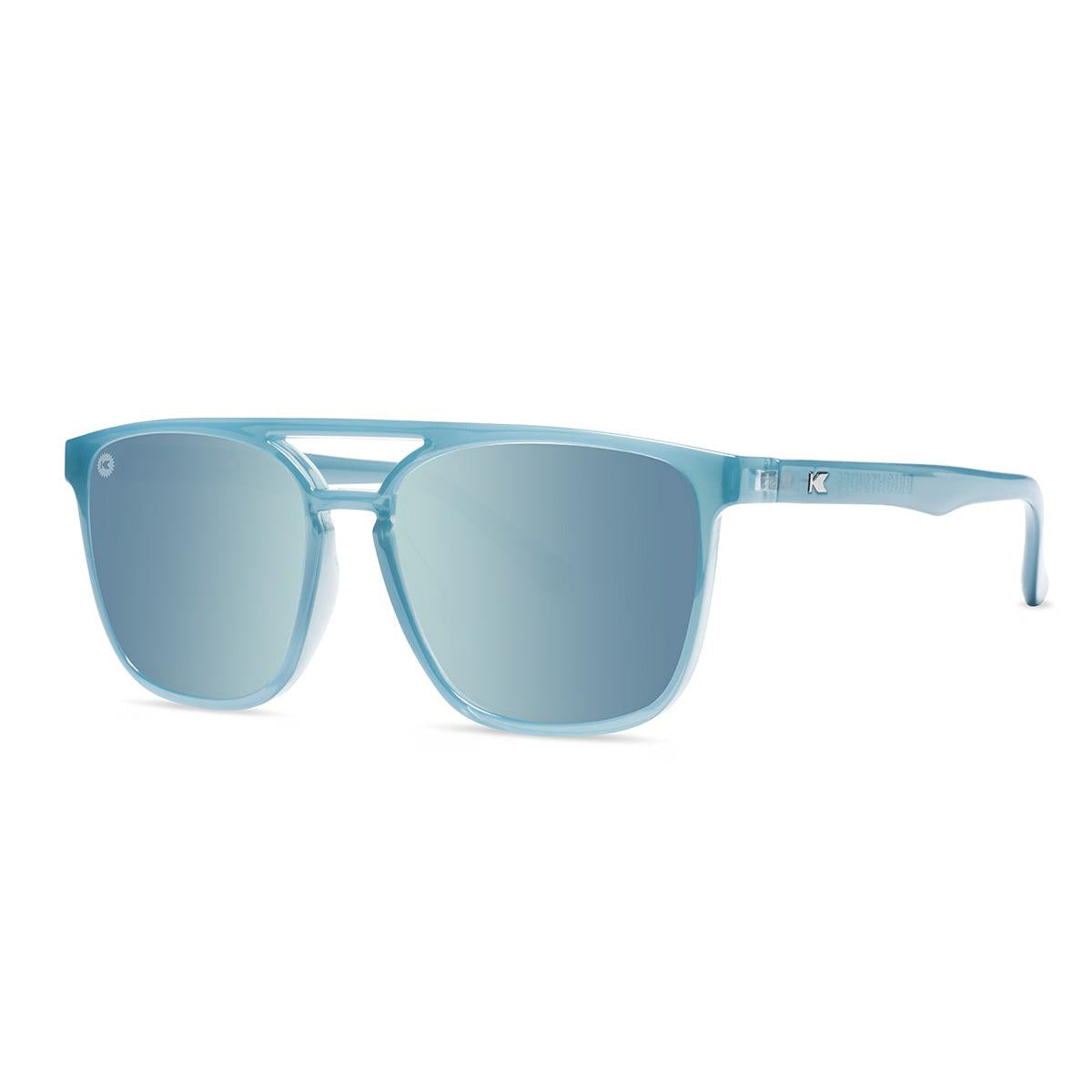 Sunglasses with Blue Frames and Polarized Sky Blue Lenses, Threequarter