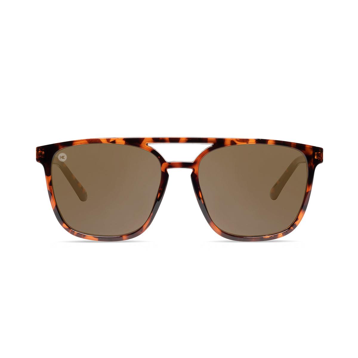Sunglasses with Glossy Tortoise Shell Frames and Polarized Amber Lenses, Front