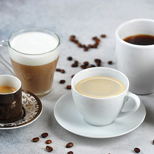 Set of different types of coffee in different cups