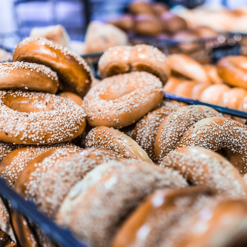 Closeup of bagels in a bakery