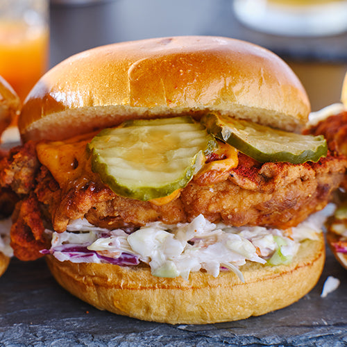 Spicy Nashville hot chicken sandwich with coleslaw and pickles