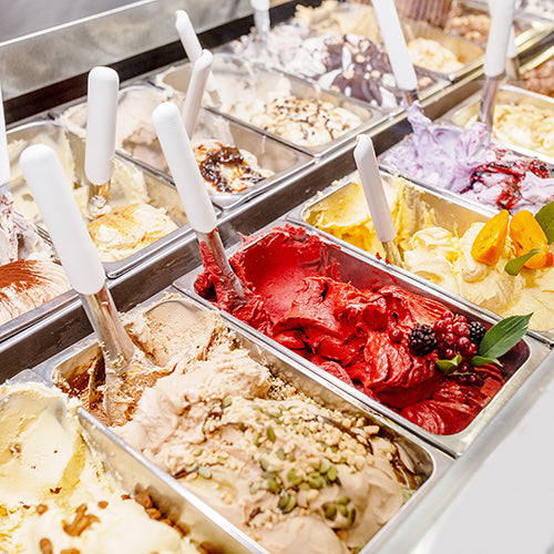 Various flavors of gelato at the showcase in dessert shop