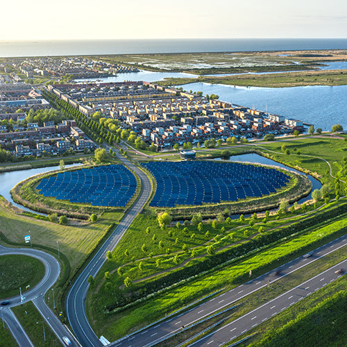 Aerial shot of a sustainable neighborhood in Almere, The Netherlands