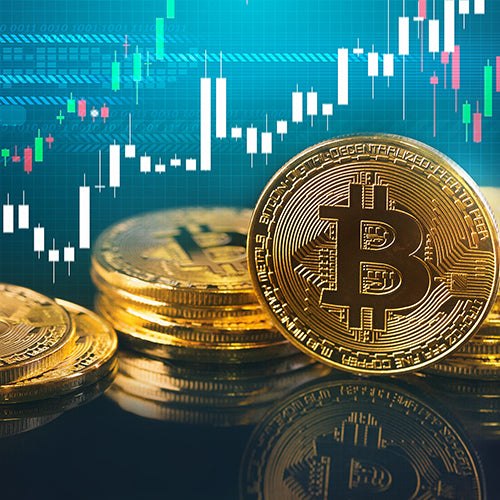 Bitcoins in front of digital background