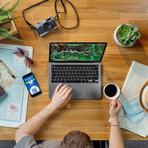 Man with laptop planning vacation during COVID-19 pandemic