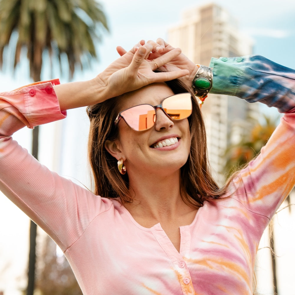 Woman wearing Hot Take Cloud Catchers