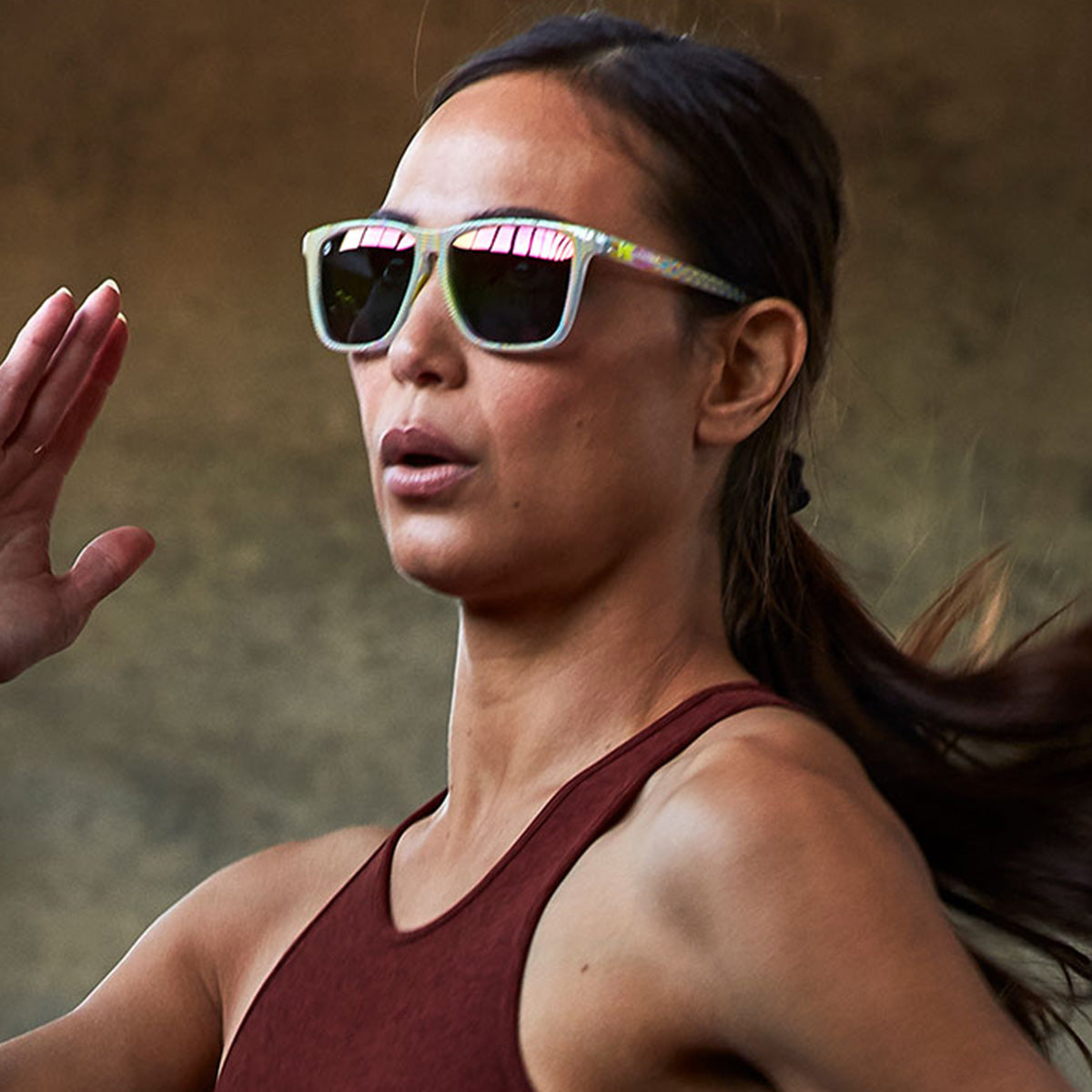 Woman wearing Knockaround Show Opener Fast Lanes Sport Sunglasses