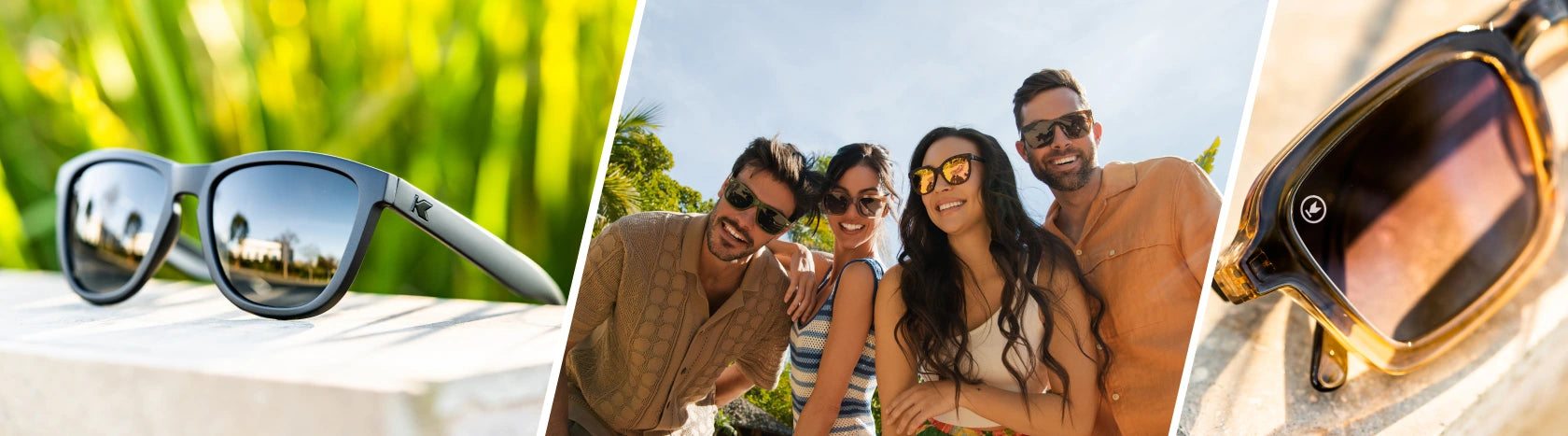 All Sunglasses. Lifestyle photo of Black on Black Premiums and Cortado Panoramas Sunglasses, Two Men wearing Coyote Calls and Rio Afters, Women wearing Matte Tortoise Shell / Rose Gold Deja Vieews and Rose Latte Songbirds Sunglasses