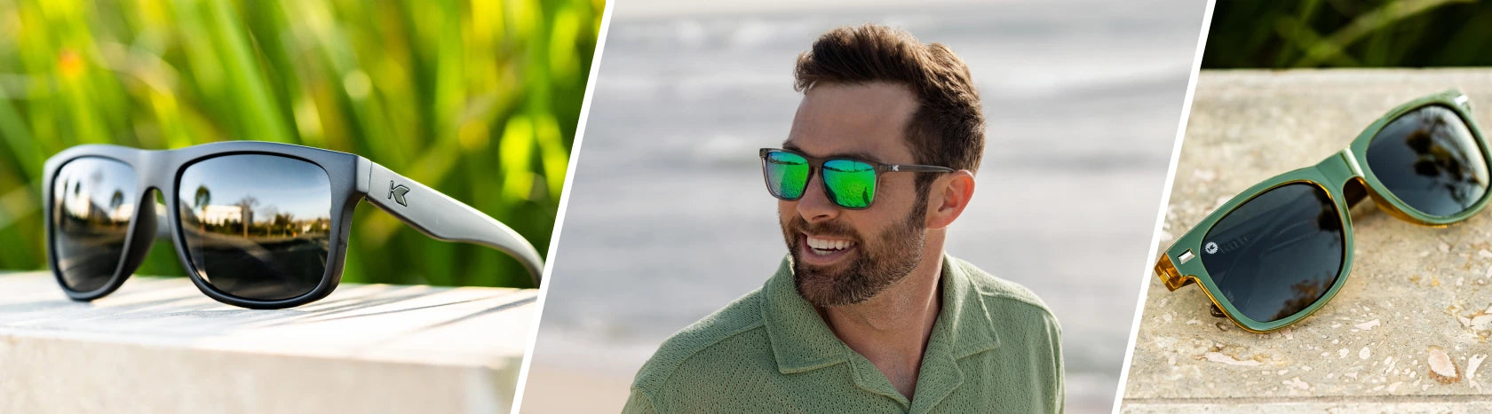Sunglasses for Men. Lifestyle photo of Black on Black Torrey Pines and Coyote Calls Fort Knocks Sunglasses, Men wearing Clear Grey / Green Moonshine Fast Lanes Sport Sunglasses