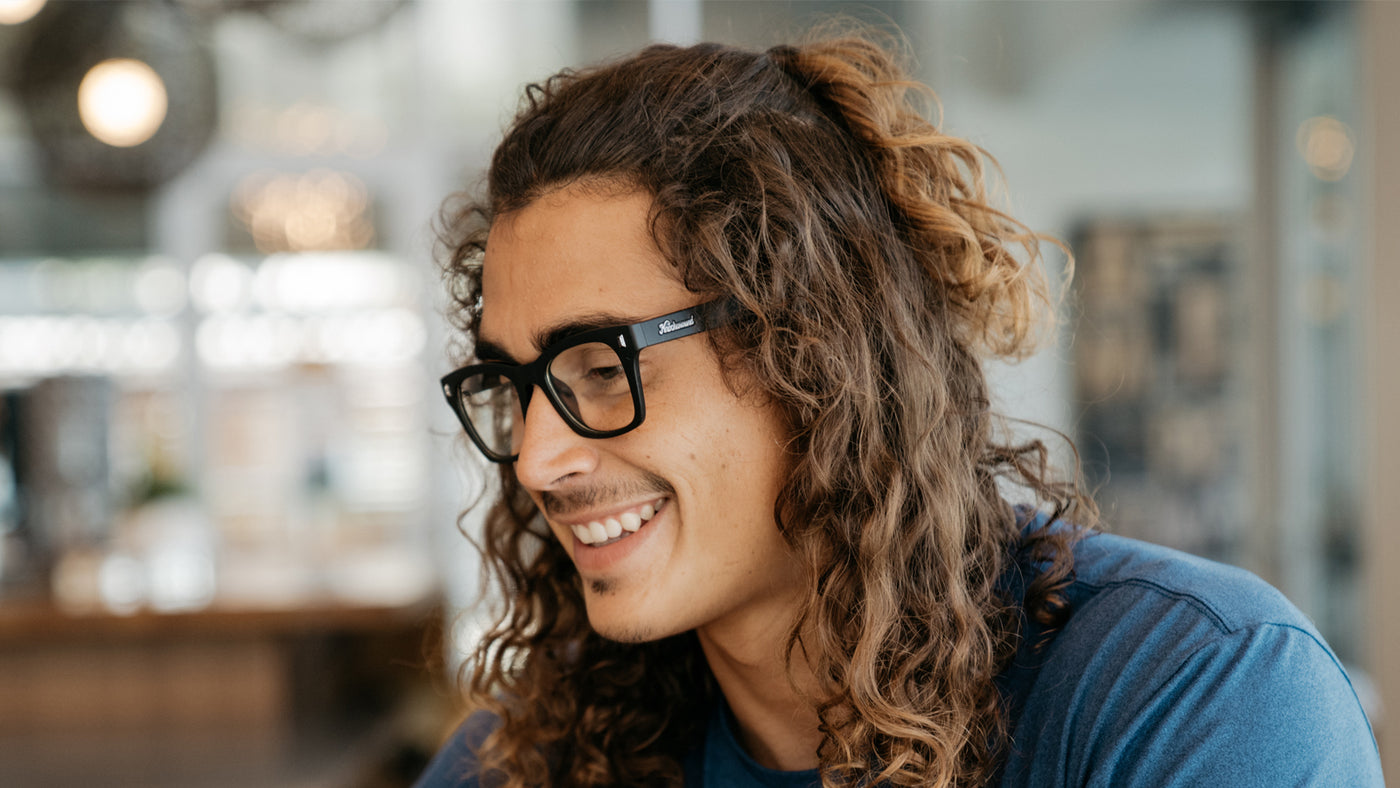 Man wearing Black on Black Seventy Nines Prescription Sunglasses with Clear Lens