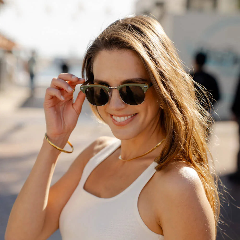 Woman wearing Coyote Calls Brooklines sunglasses