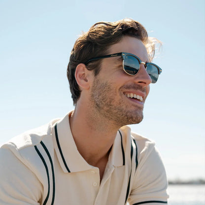 Man wearing Glossy Black & Gold Brooklines sunglasses