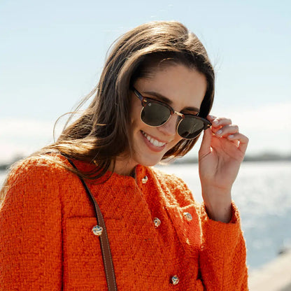 Woman wearing Matte Tortoise Shell & Gold Brooklines Sunglasses