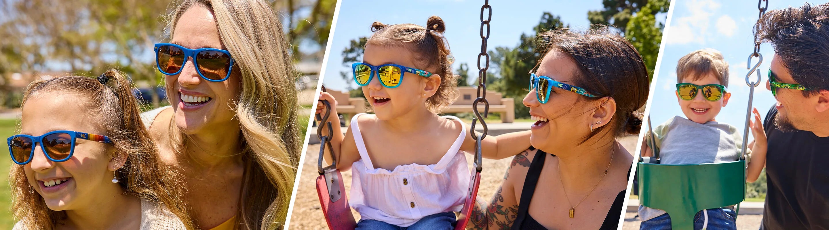 Mother and daughter in a park wearing Dockside sunglasses; Mother and daughter in a park wearing collaboration SpongeBob SquarePants sunglasses by Knockaround, Father and son on a swing wearing collaboration Teenage Mutant Ninja Turtles sunglasses by Knockaround